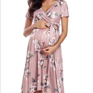 Maternity Floral Maxi Dress Waist Tie V Neck Irregular Hem Photography Dresses